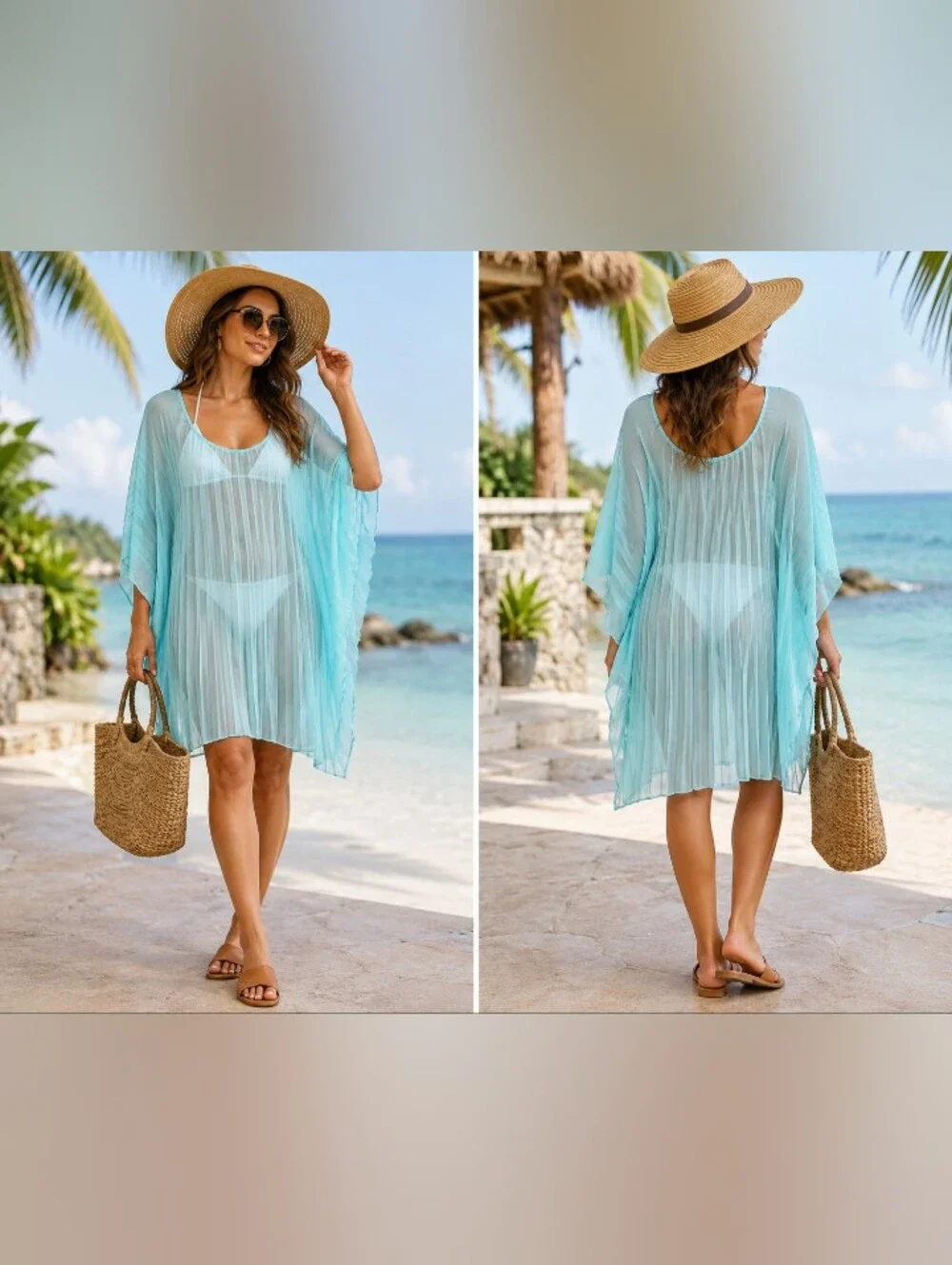 steve madden aqua sheer pleated swim cover up beach dress one size